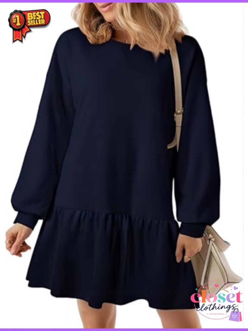 BLENCOT Long Sleeve Sweatshirt Dress Ruffle Hem A-Line Pullover Mini